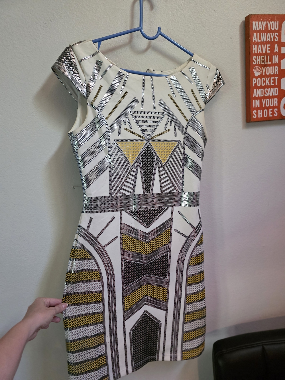 White and Gold Geometric Sheath Dress